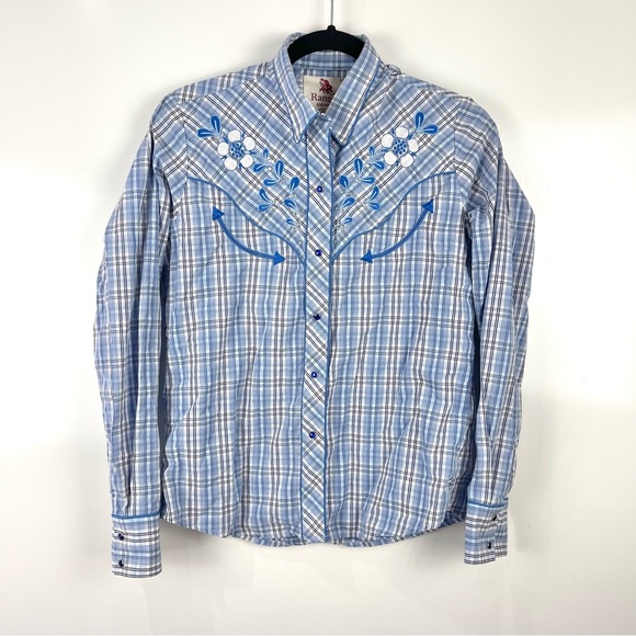 Ranger's Woman Blue Plaid Embroidered Button Front Western Shirt Size Medium - Picture 1 of 8
